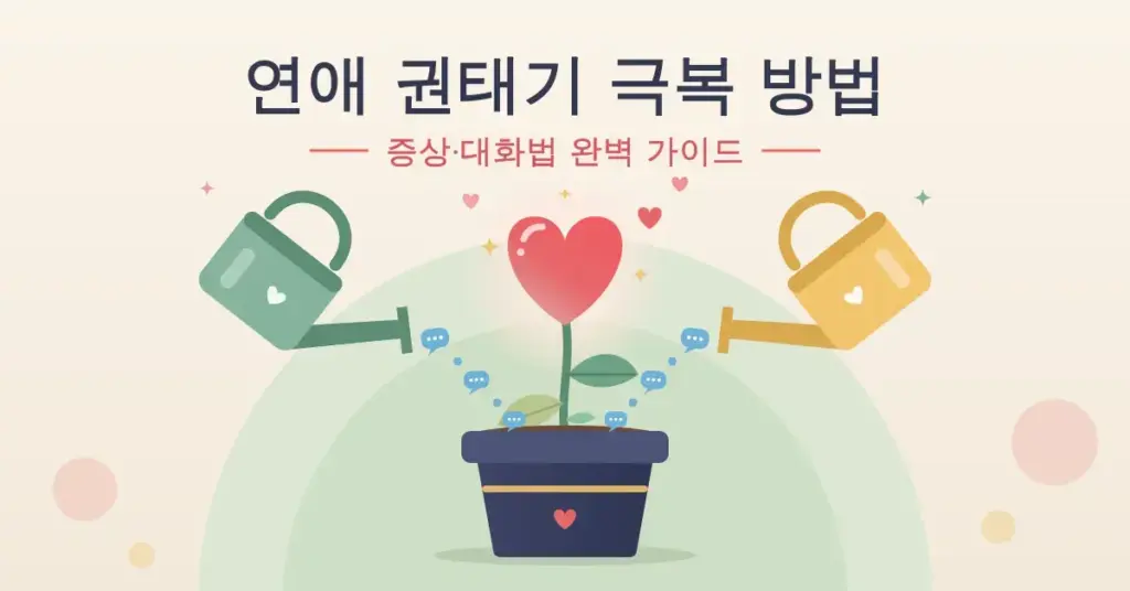 화분 속 하트 꽃에 초록색과 노란색 물뿌리개 두 개가 말풍선 모양의 물방울을 뿌려 주는 모습과 함께 "연애 권태기 극복 방법 – 증상·대화법 완벽 가이드"라는 제목이 적힌 일러스트입니다.